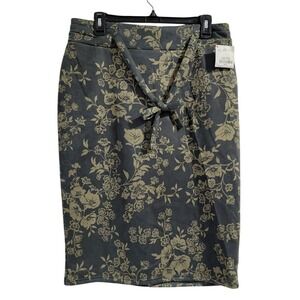 Classic Concepts Womens XL Pencil Skirt Tonal Olive Green Floral Tie Front New